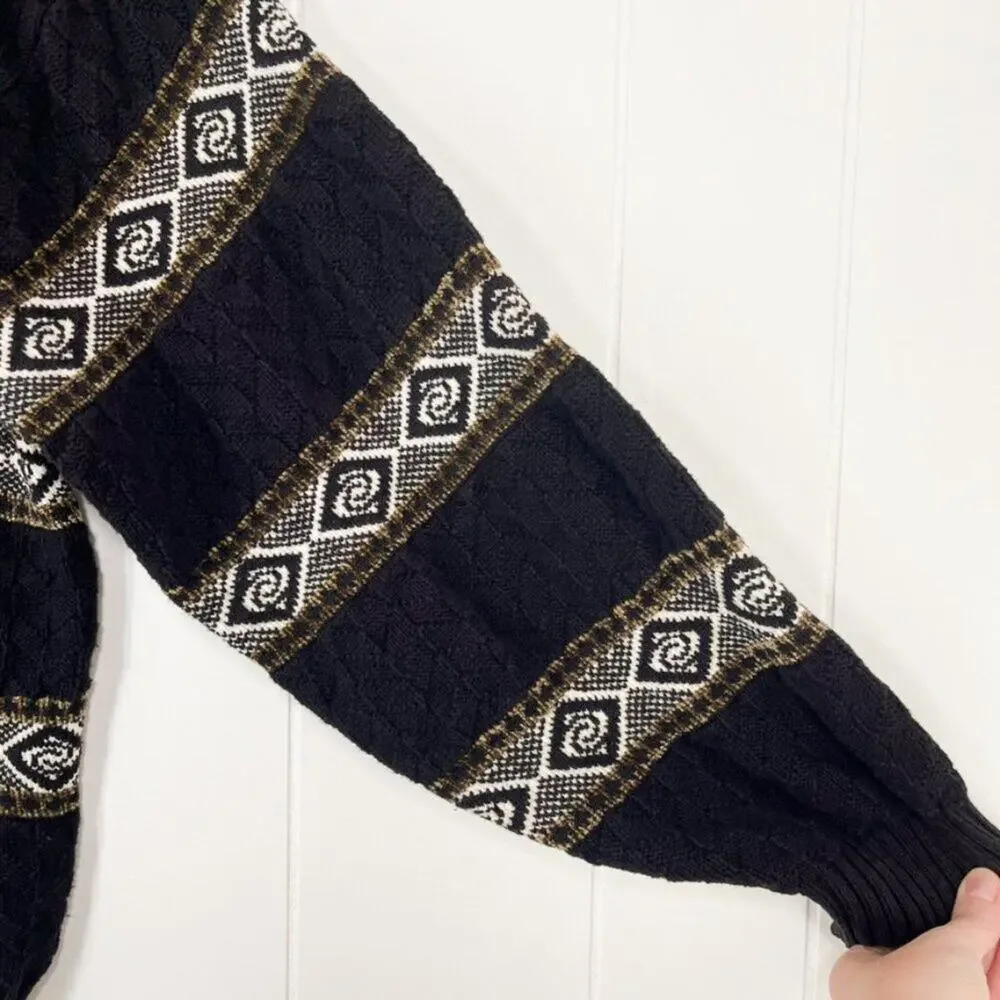 CHAPS Ralph Lauren VTG Chunky Sweater Crew Western Aztec USA Size Large Black
